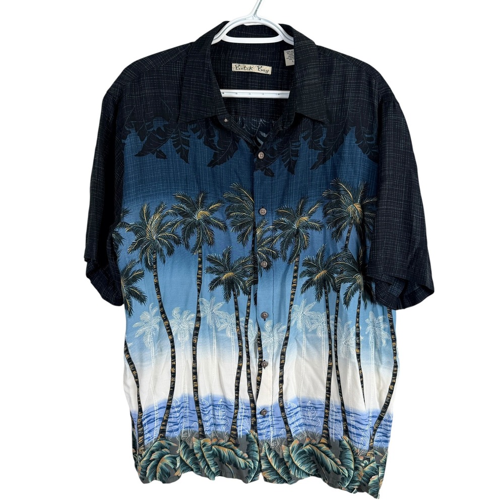 Batik Bay Hawaiian Shirt Mens L Blue Black Palm Tree Tropical Rayon Button Up